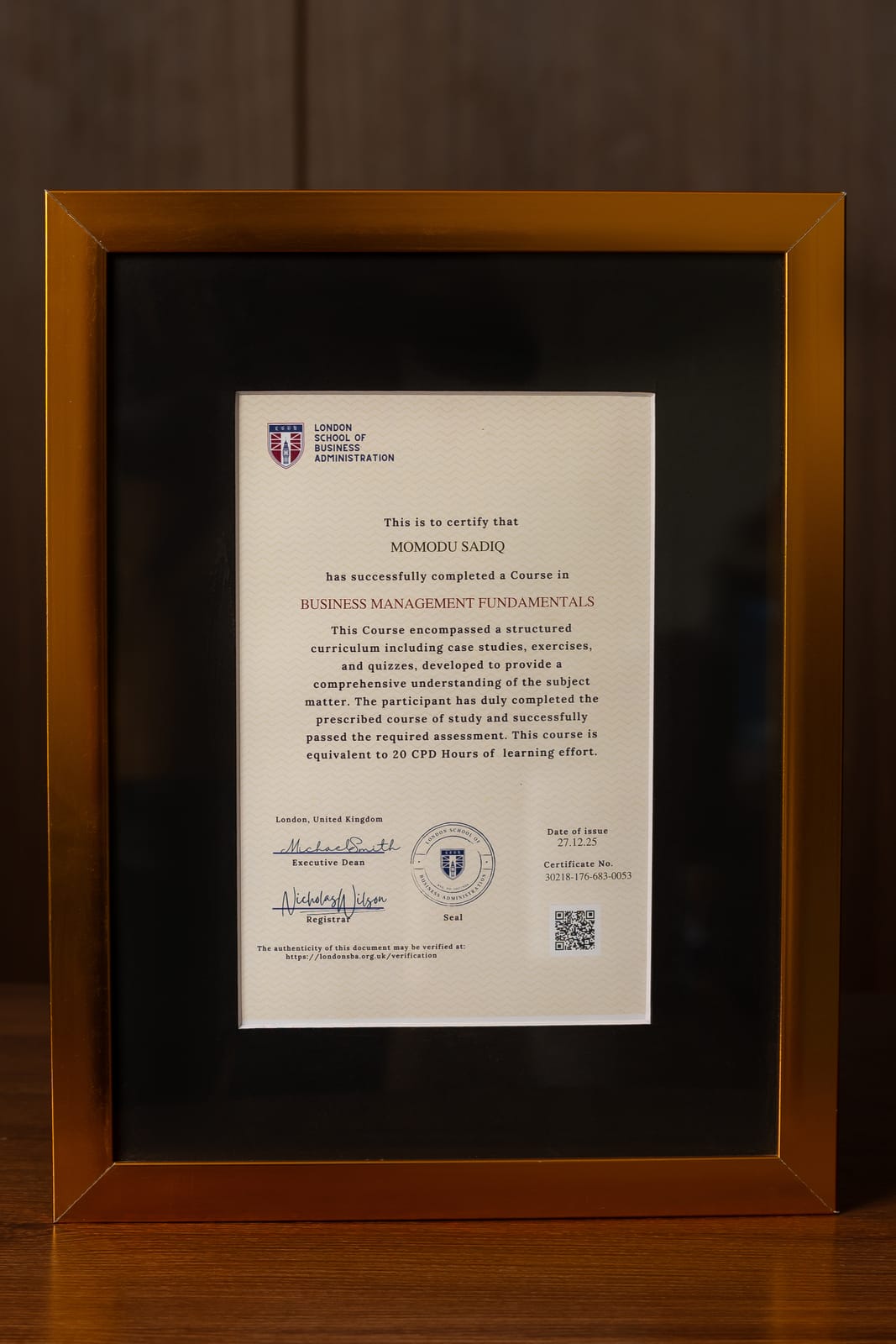 Professional Certification award